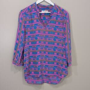 Amanda Uprichard Blouse 3/4 Sleeve 100% Silk Bright Aztec Print - Size M